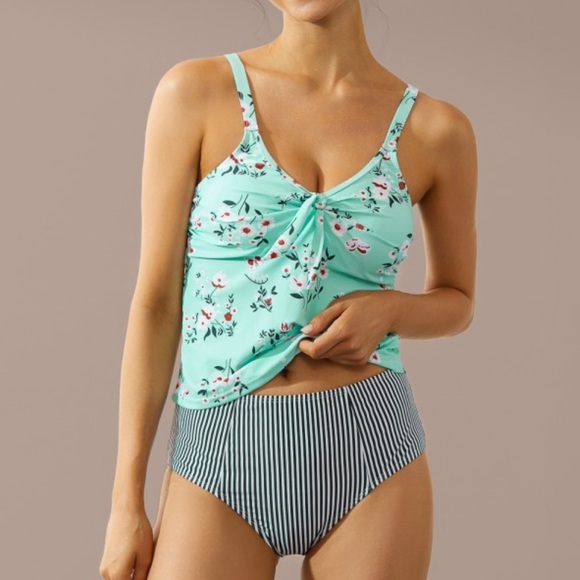 Beachsissi Tankini Swimsuit Womens Size Large Floral Stripe Green Vacation - Picture 1 of 10